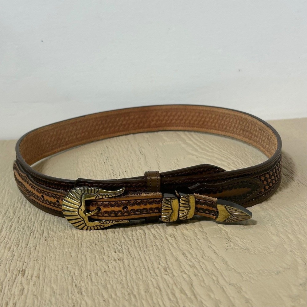 Vintage 90's Nocona Western Belt 36 Womens Brown Tooled Basketweave Gold Buckle